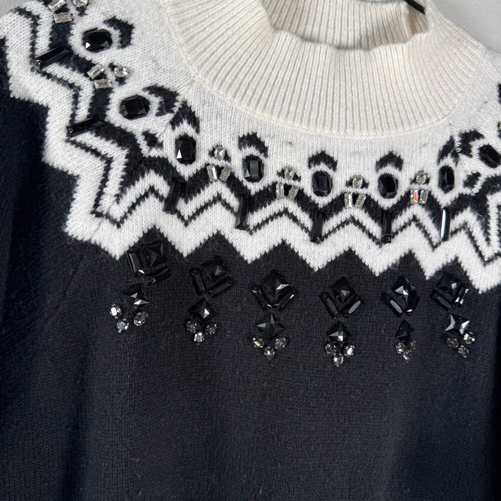 Ann Taylor Black HIte Fair Isle Nordic Sequin Embellished Mock Neck Sweater XL - Picture 4 of 9